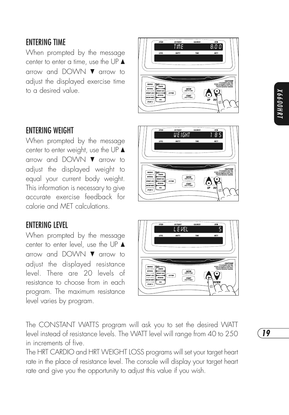 Entering time, Entering weight, Entering level | Vision Fitness X6600HRT User Manual | Page 23 / 52