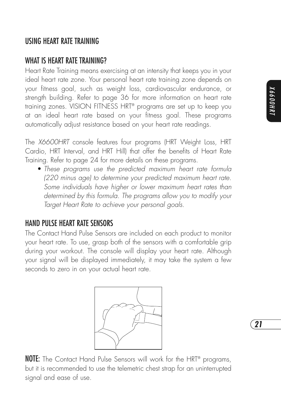 Hand pulse heart rate sensors | Vision Fitness X6600HRT User Manual | Page 25 / 52