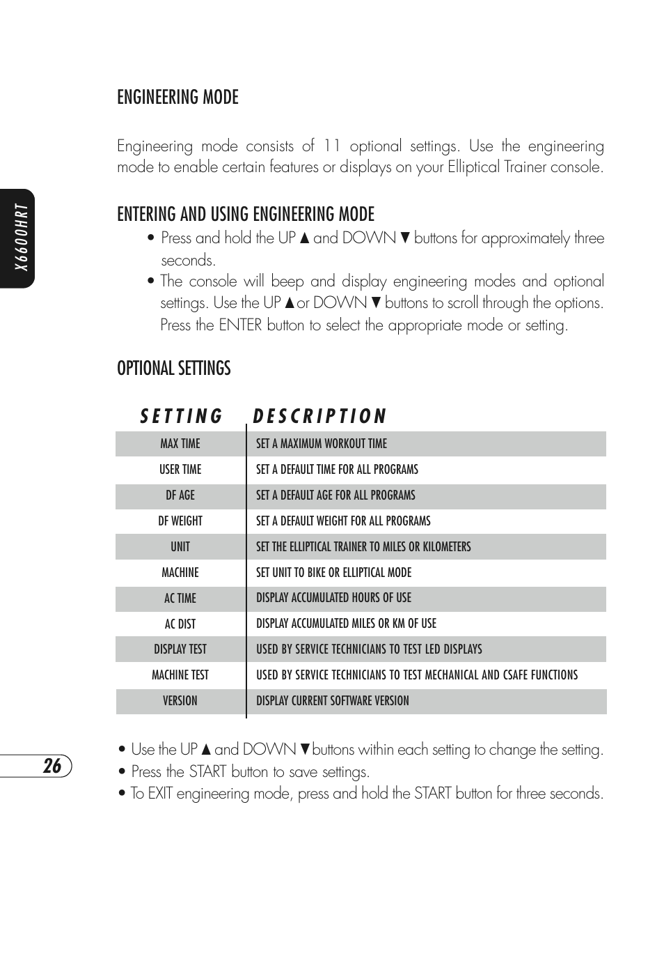 Engineering mode, Entering and using engineering mode, Optional settings | Vision Fitness X6600HRT User Manual | Page 30 / 52