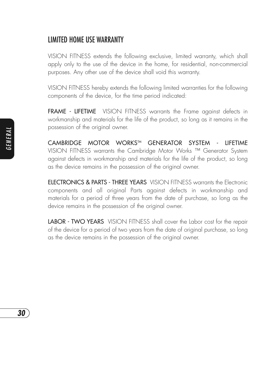 Limited home use warranty | Vision Fitness X6600HRT User Manual | Page 34 / 52