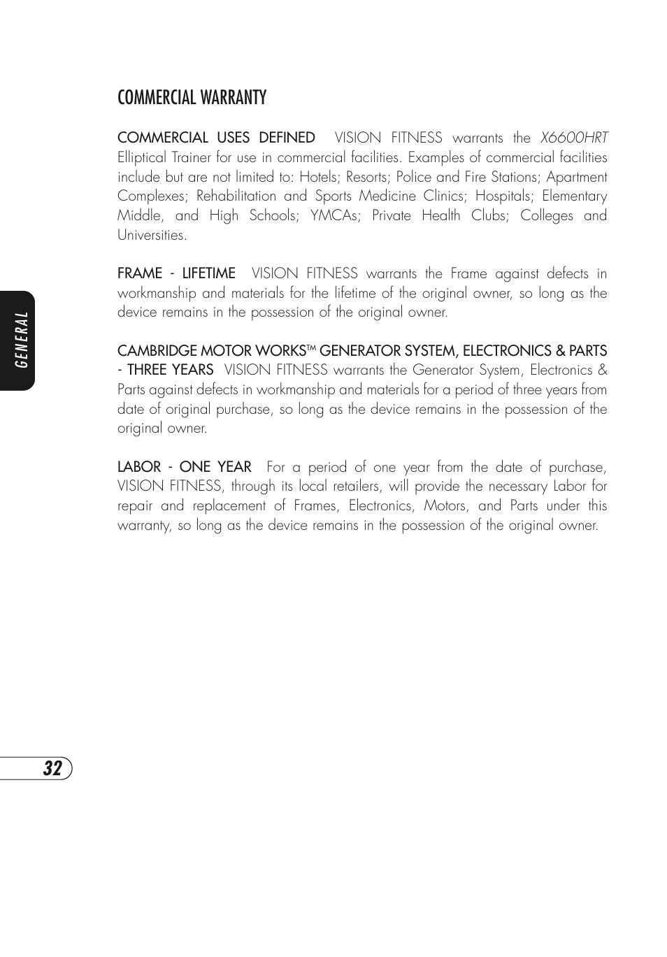 Commercial warranty | Vision Fitness X6600HRT User Manual | Page 36 / 52