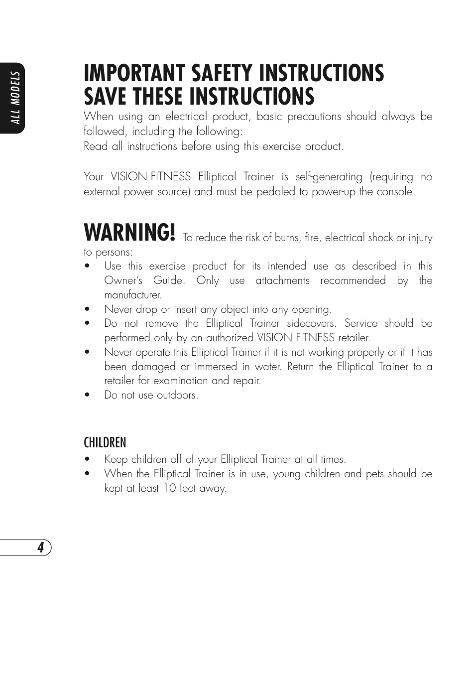 Warning | Vision Fitness X6600HRT User Manual | Page 8 / 52