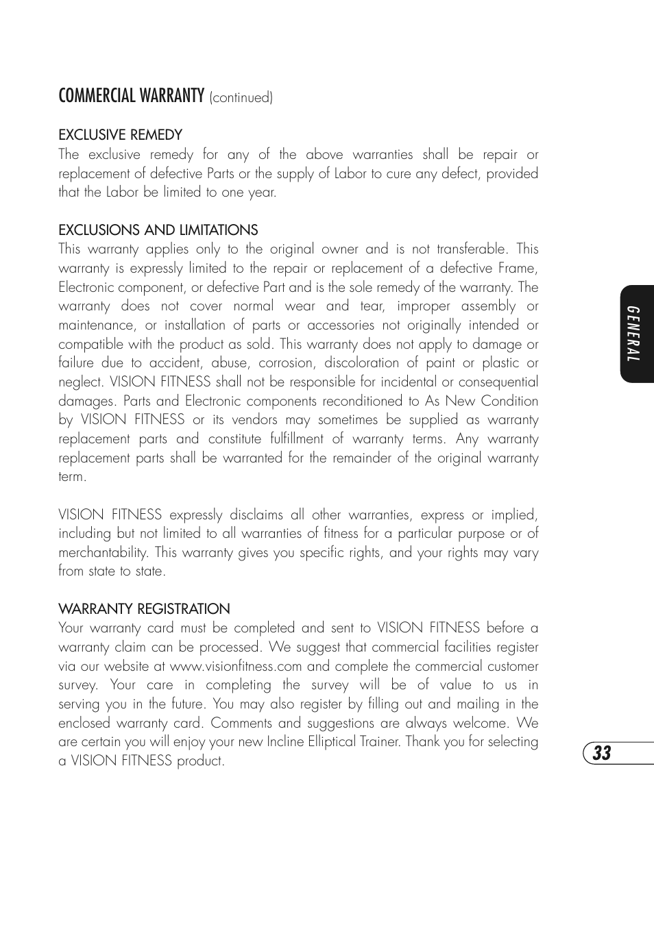 Commercial warranty | Vision Fitness X6850HRT User Manual | Page 37 / 40