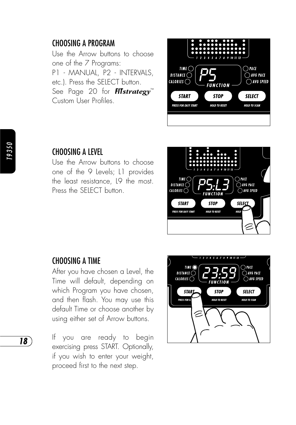 Choosing a program, Choosing a level, Choosing a time | Vision Fitness T9350 User Manual | Page 19 / 61