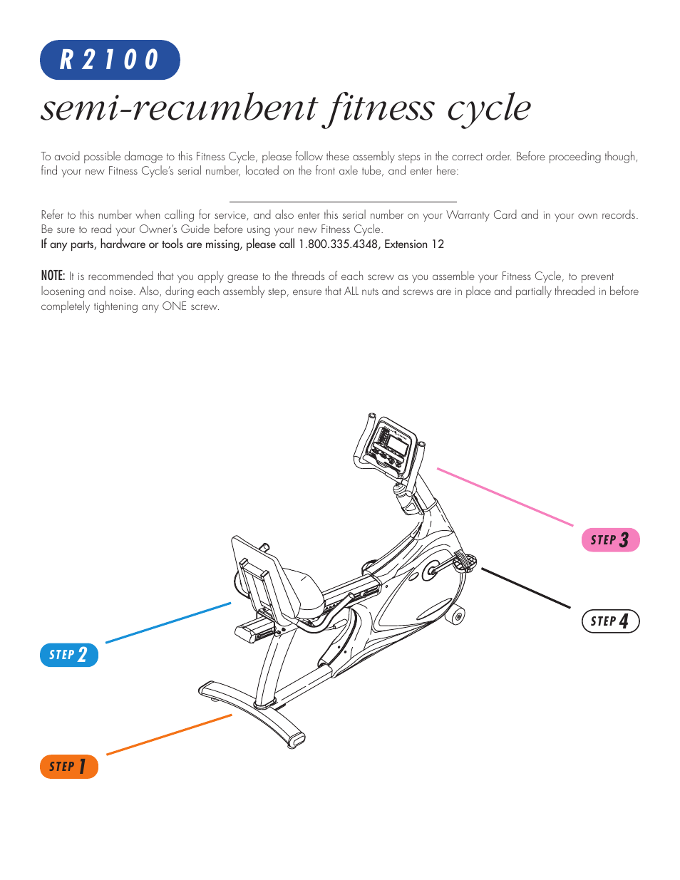 Semi-recumbent fitness cycle, R 2 1 0 0 | Vision Fitness R2100 User Manual | Page 2 / 7