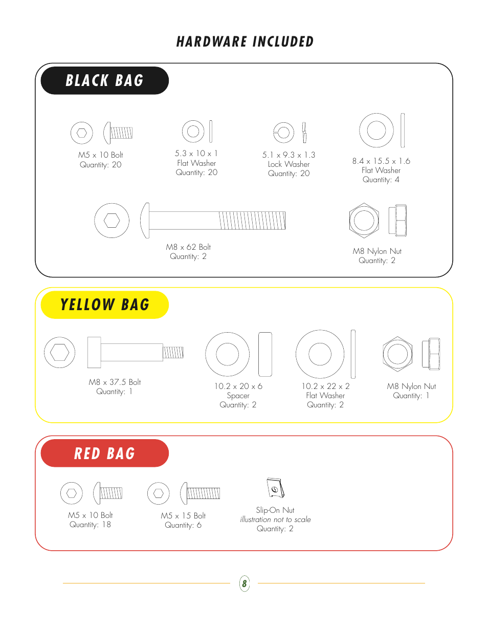 Yellow bag, Red bag, Black bag | Hardware included | Vision Fitness ST750 User Manual | Page 8 / 28