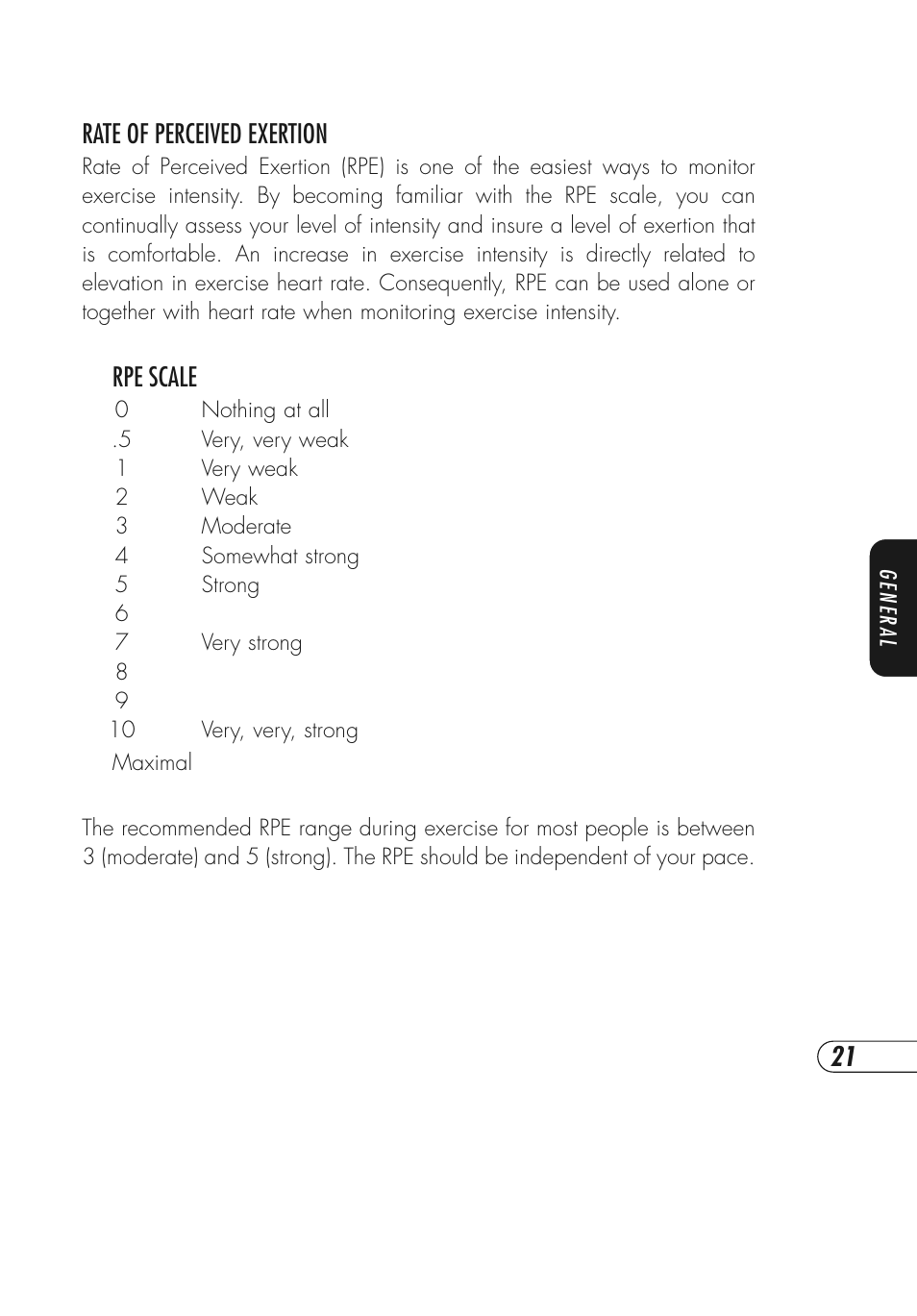 Rate of perceived exertion, Rpe scale | Vision Fitness ES600 User Manual | Page 25 / 36