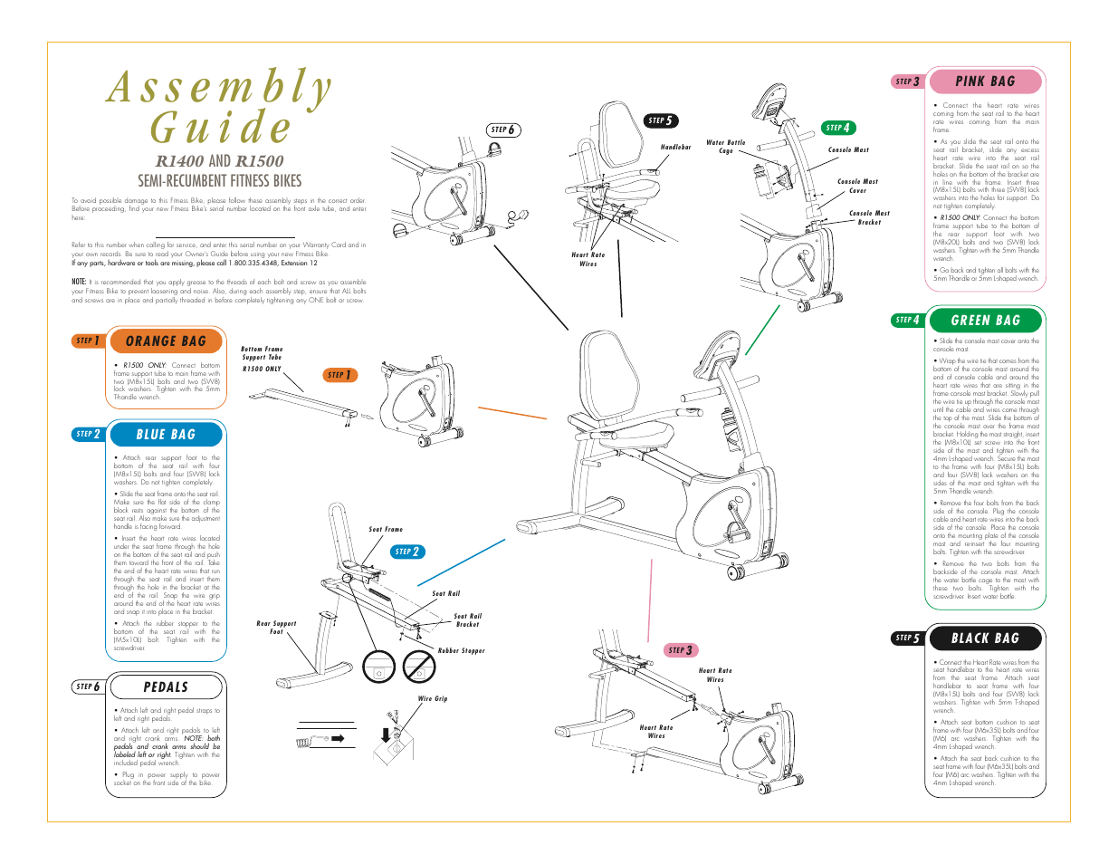 Pink bag, Pedals, Orange bag | Green bag, Blue bag, Black bag | Vision Fitness R1500 User Manual | Page 3 / 3