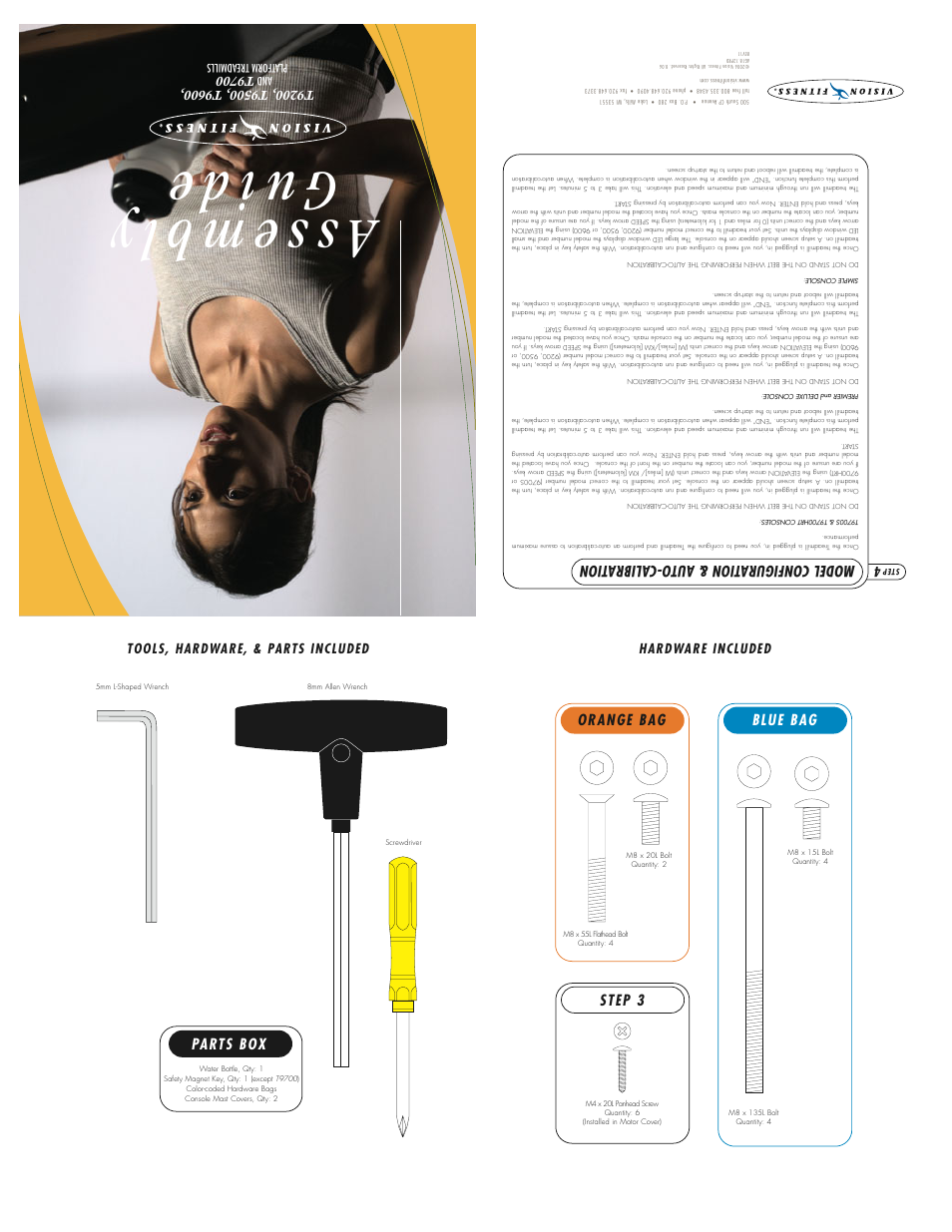 As se mb ly gu id e, Parts box, Orange bag blue bag | Step 3, Model configuration & auto-calibra tion | Vision Fitness T9200 User Manual | Page 2 / 3