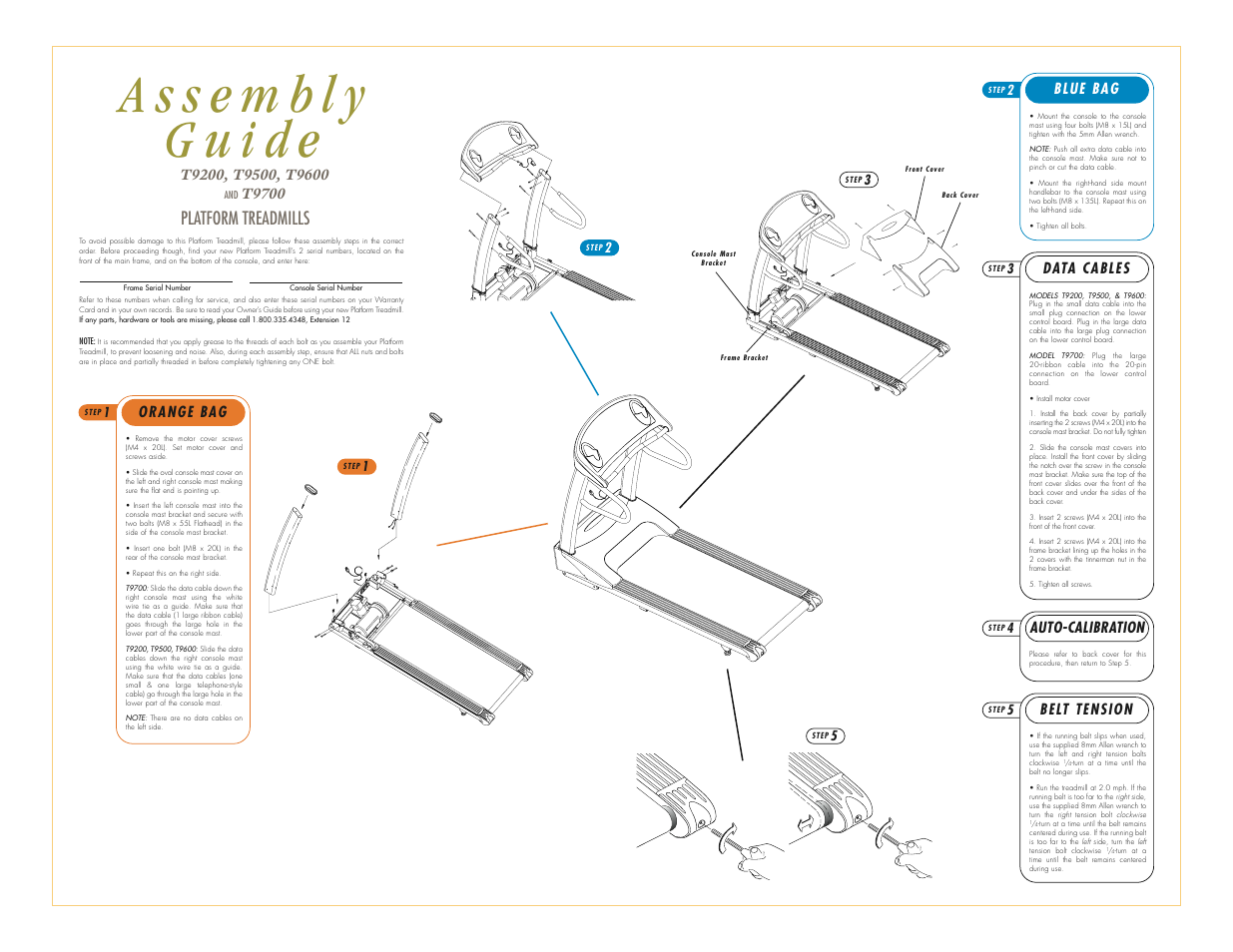 Platform treadmills, Orange bag, Blue bag | Data cables, Belt tension, Auto-calibration, T9700 | Vision Fitness T9200 User Manual | Page 3 / 3