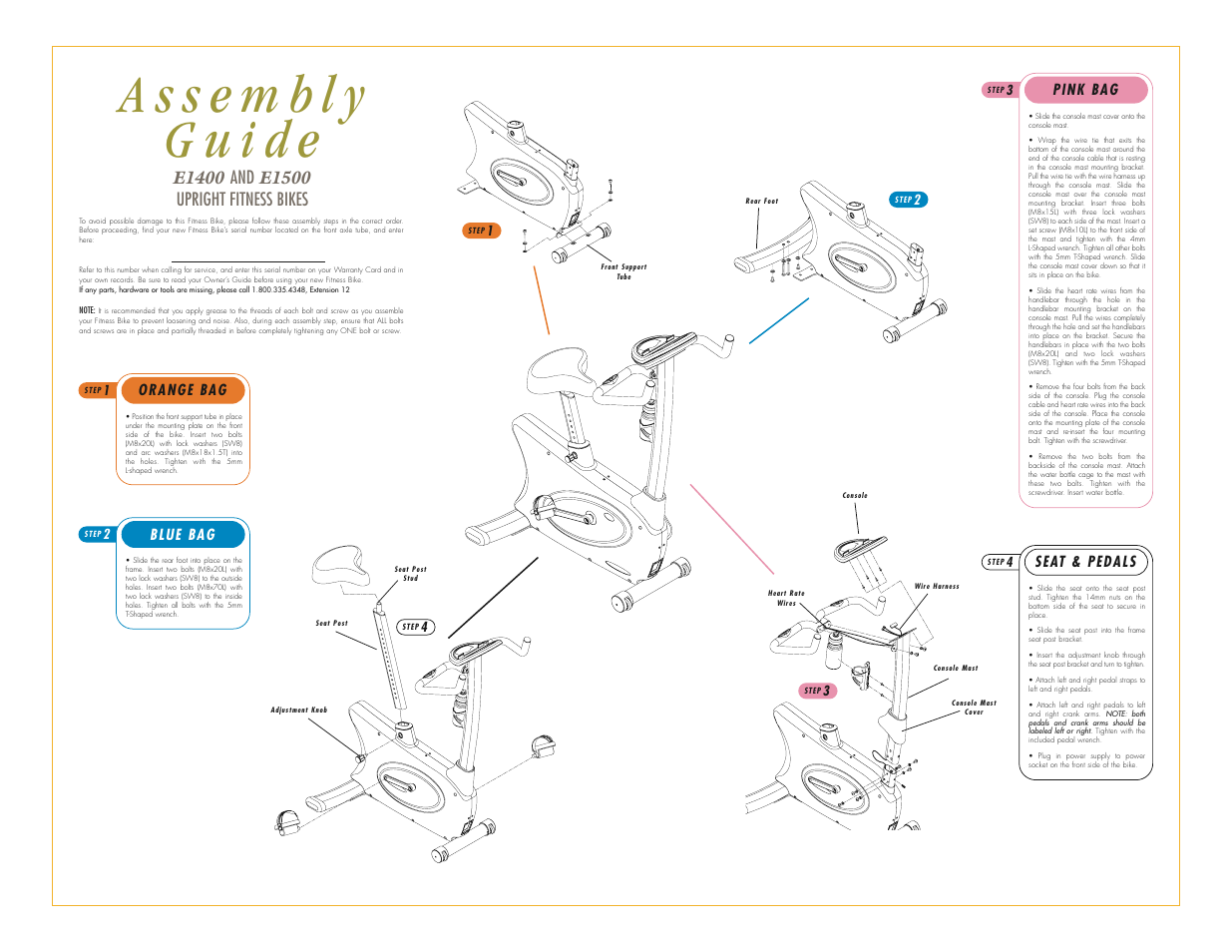 Blue bag, Pink bag, Orange bag | Seat & pedals | Vision Fitness E1400 User Manual | Page 3 / 3