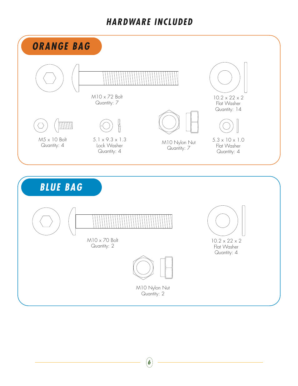 Orange bag, Blue bag, Hardware included | Vision Fitness ST730 User Manual | Page 6 / 28