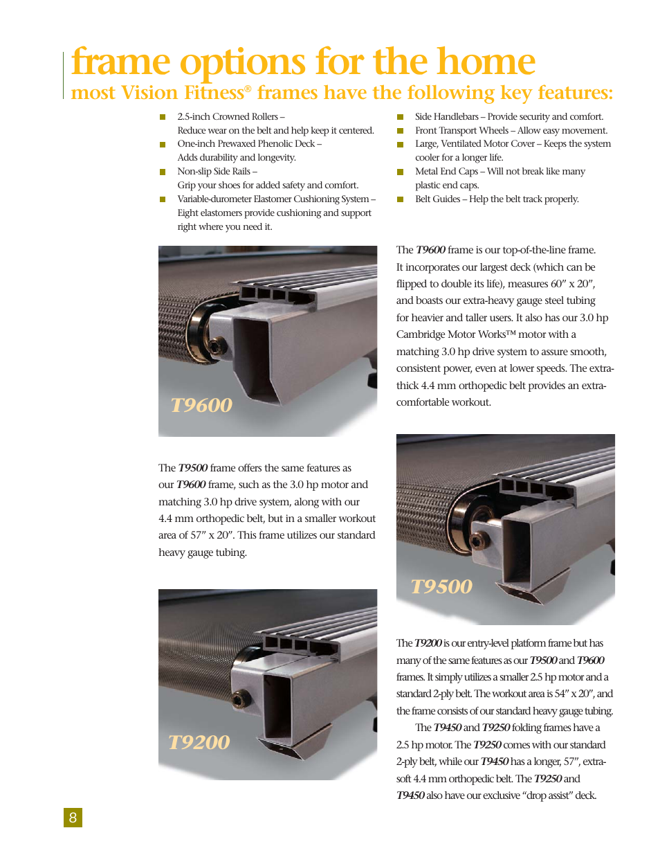 Frame options for the home, Most vision fitness, Frames have the following key features | Vision Fitness T9250 User Manual | Page 10 / 16