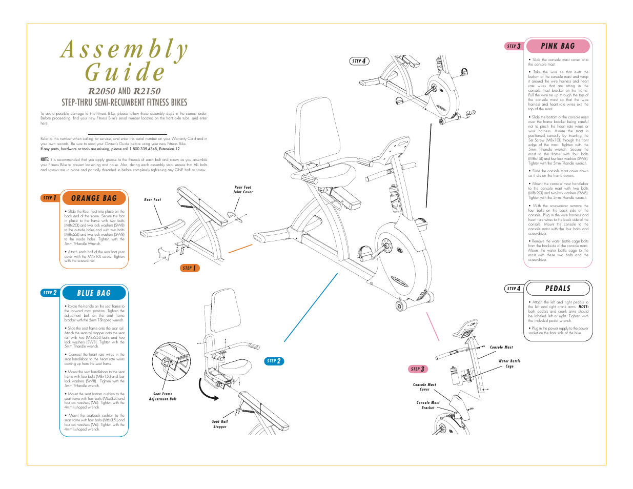 Pink bag, Pedals, Orange bag | Blue bag | Vision Fitness R2150 User Manual | Page 3 / 3
