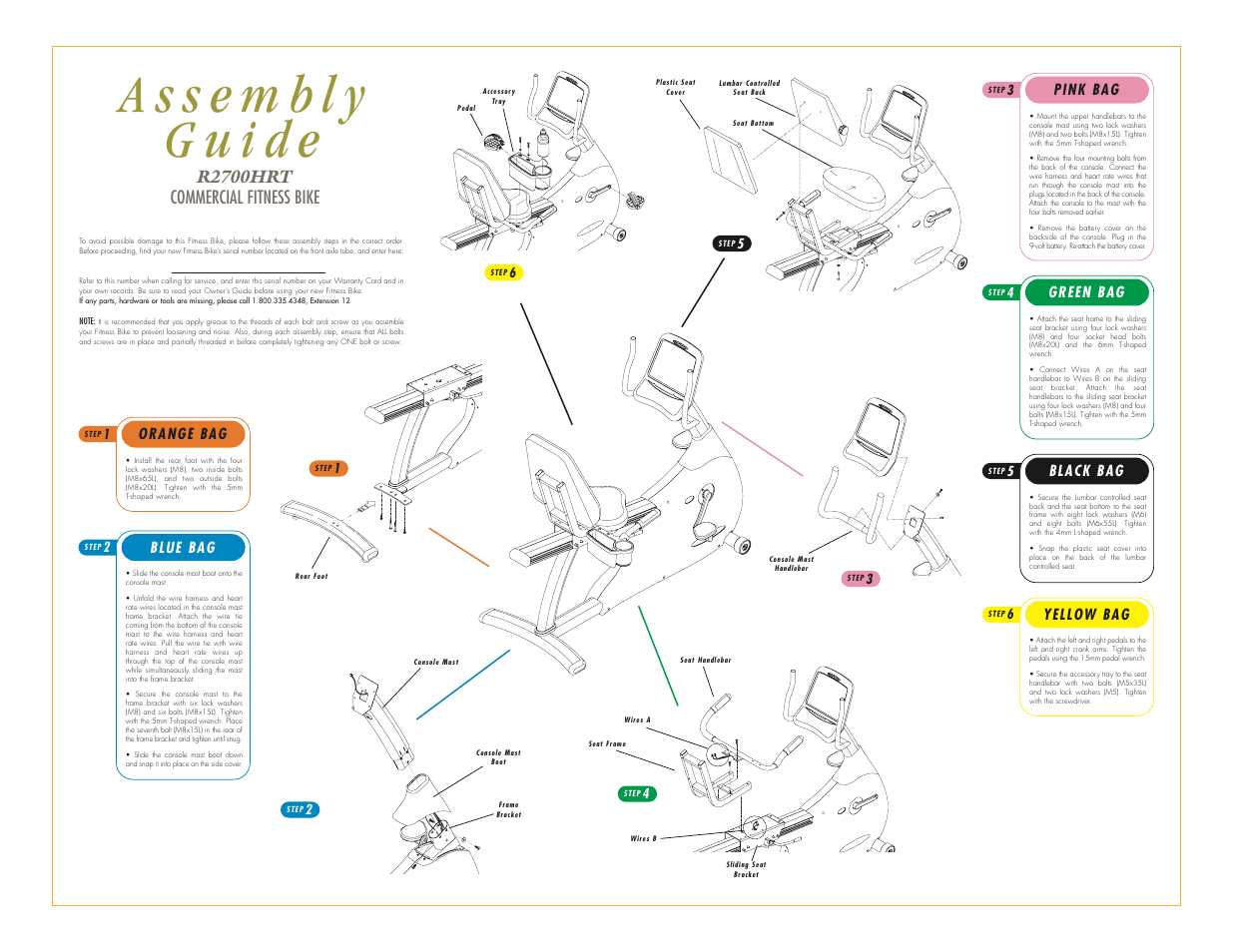 R2700hrt commercial fitness bike, Blue bag, Pink bag | Orange bag, Green bag, Black bag, Yellow bag | Vision Fitness R2700HRT User Manual | Page 3 / 3