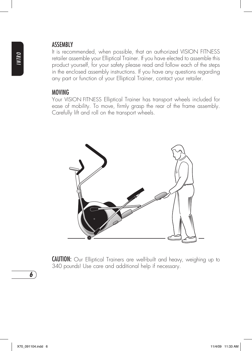 Assembly, Moving, Caution | Vision Fitness X70 User Manual | Page 10 / 42