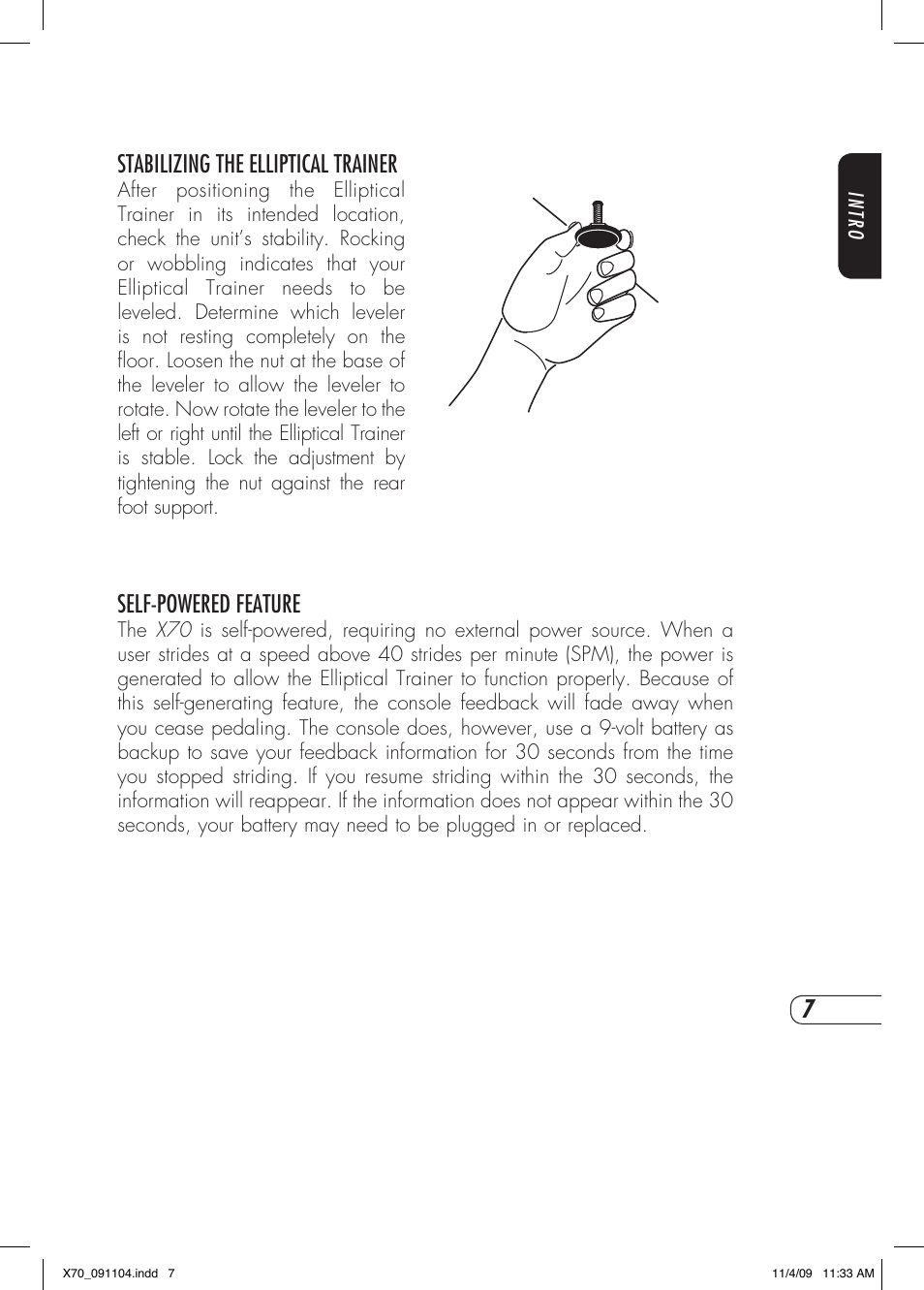 Stabilizing the elliptical trainer, Self-powered feature | Vision Fitness X70 User Manual | Page 11 / 42