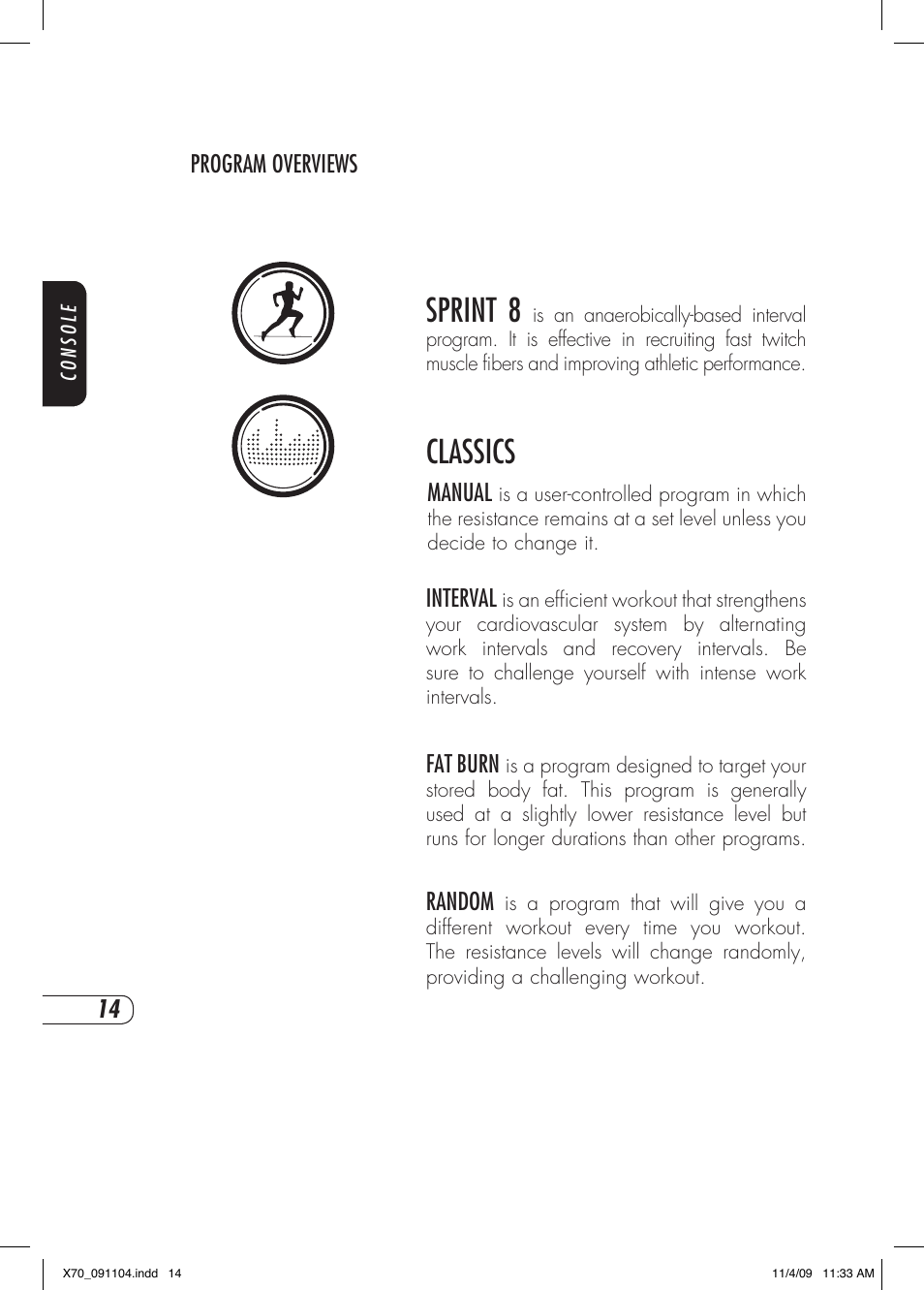 Sprint 8, Classics, Fat burn | Program overviews interval, Manual, Random | Vision Fitness X70 User Manual | Page 18 / 42