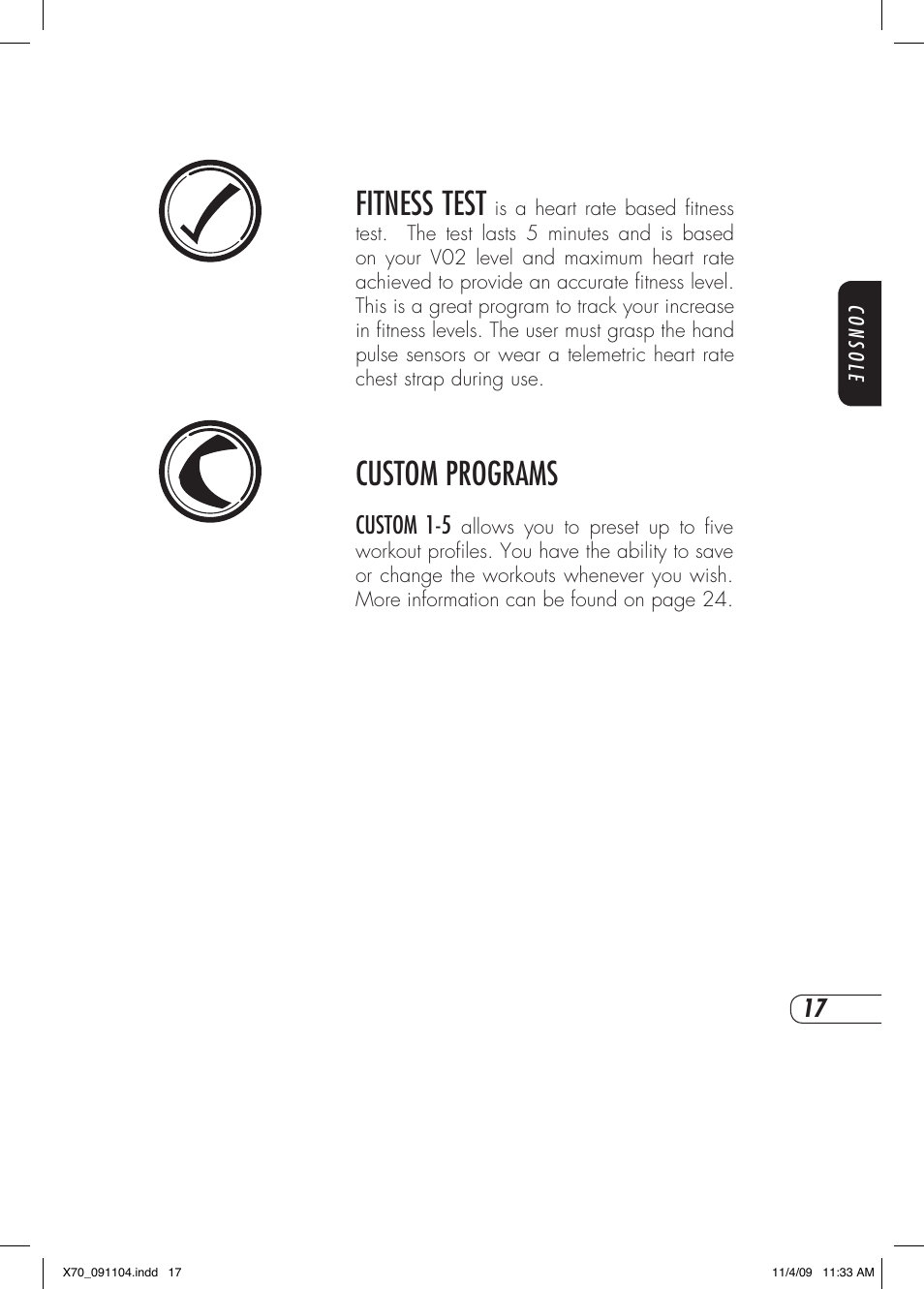 Fitness test, Custom programs, Custom 1-5 | Vision Fitness X70 User Manual | Page 21 / 42