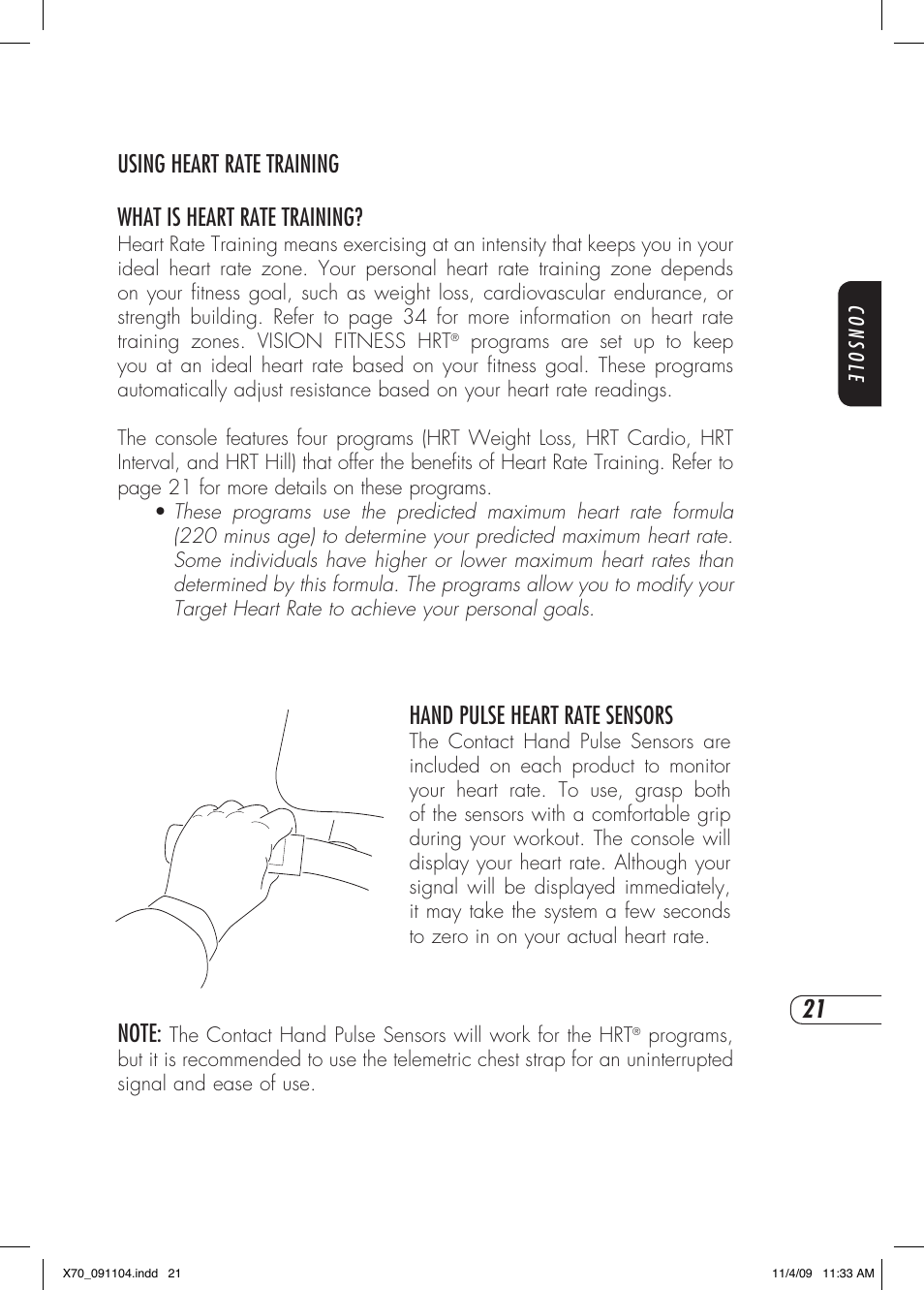 Hand pulse heart rate sensors | Vision Fitness X70 User Manual | Page 25 / 42