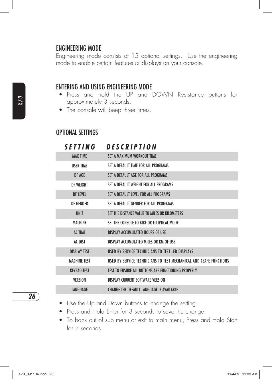 Engineering mode, Entering and using engineering mode, Optional settings | Vision Fitness X70 User Manual | Page 30 / 42