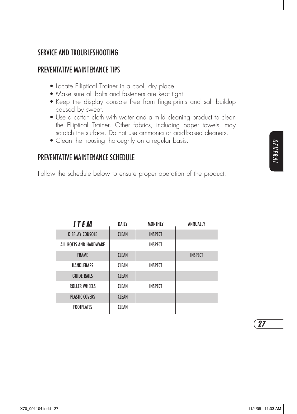 I t e m, Preventative maintenance schedule | Vision Fitness X70 User Manual | Page 31 / 42