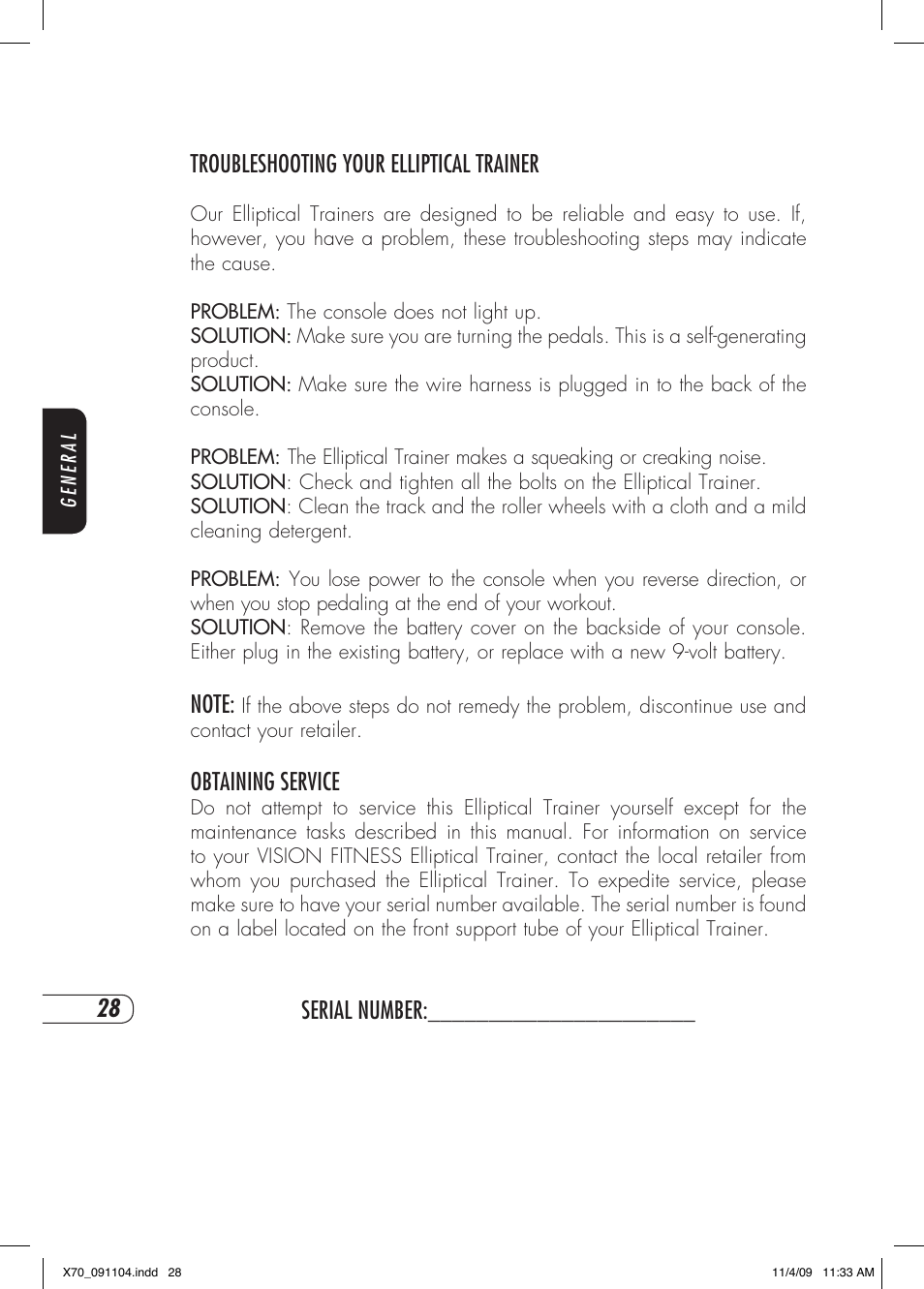 Troubleshooting your elliptical trainer, Obtaining service, Serial number | Vision Fitness X70 User Manual | Page 32 / 42