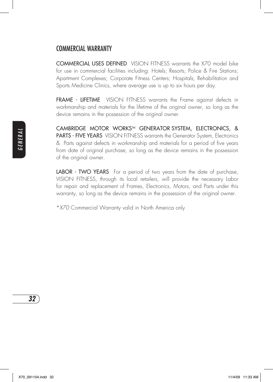 Commercial warranty | Vision Fitness X70 User Manual | Page 36 / 42