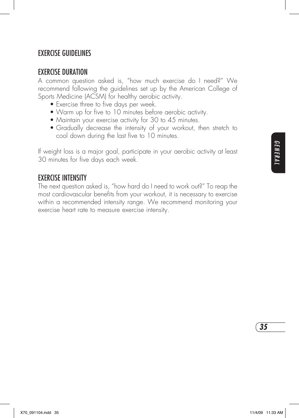 Exercise guidelines exercise duration, Exercise intensity | Vision Fitness X70 User Manual | Page 39 / 42