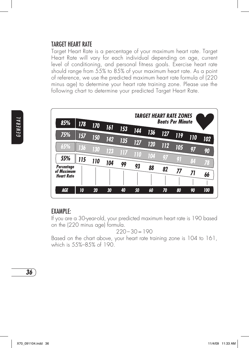 Target heart rate, Example | Vision Fitness X70 User Manual | Page 40 / 42