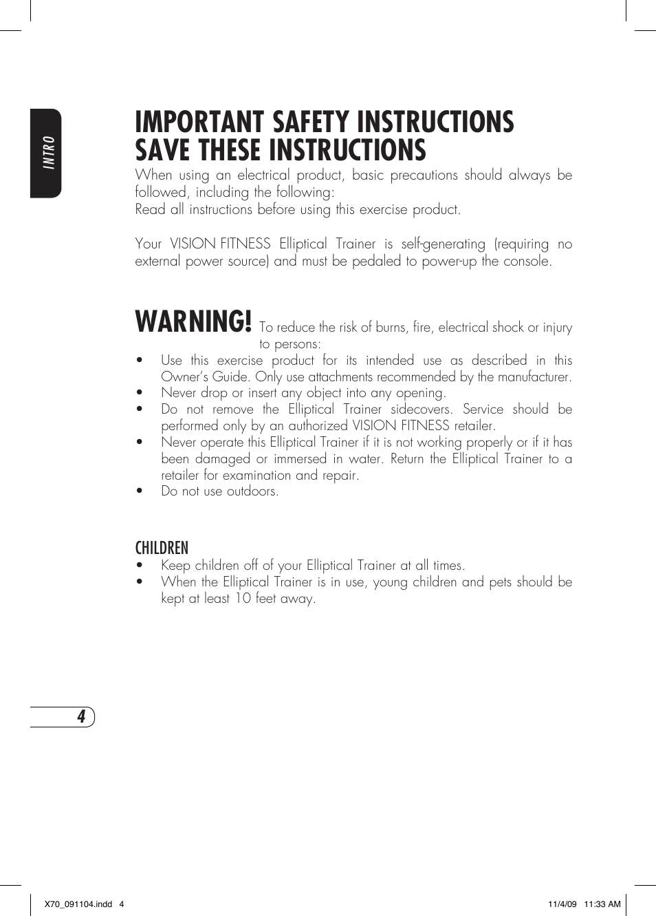 Warning, Children | Vision Fitness X70 User Manual | Page 8 / 42