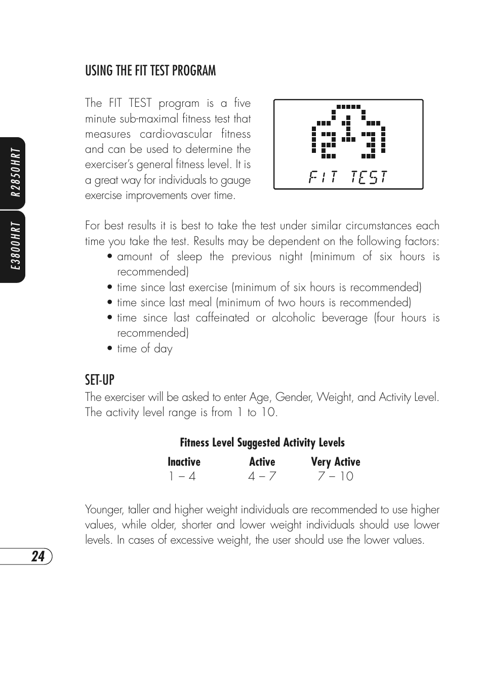 Using the fit test program, Set-up | Vision Fitness E3800HRT User Manual | Page 28 / 44