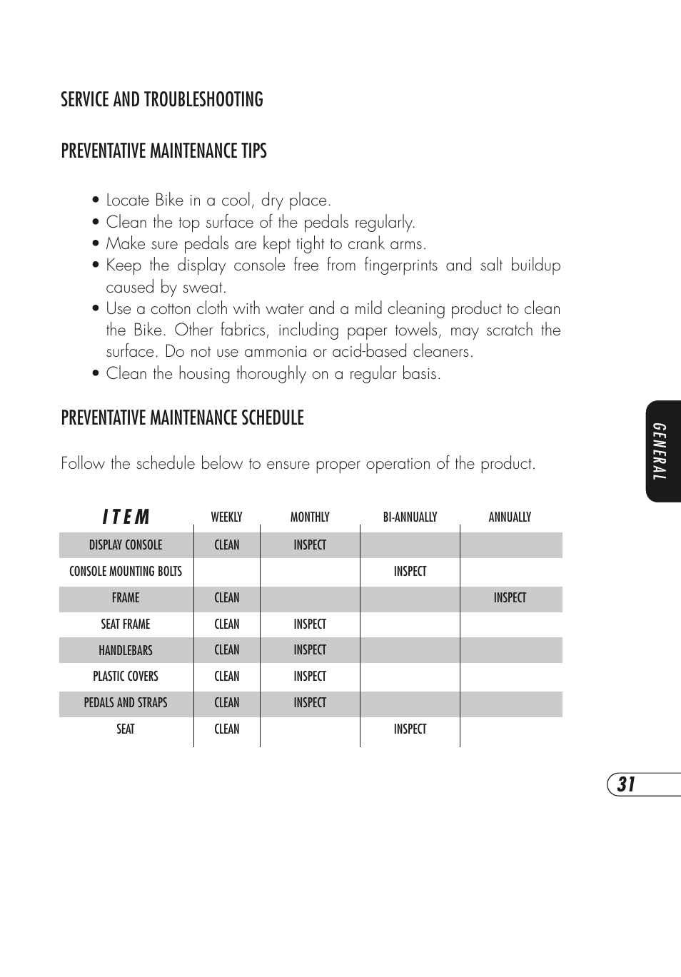 Preventative maintenance schedule, I t e m | Vision Fitness E3800HRT User Manual | Page 35 / 44