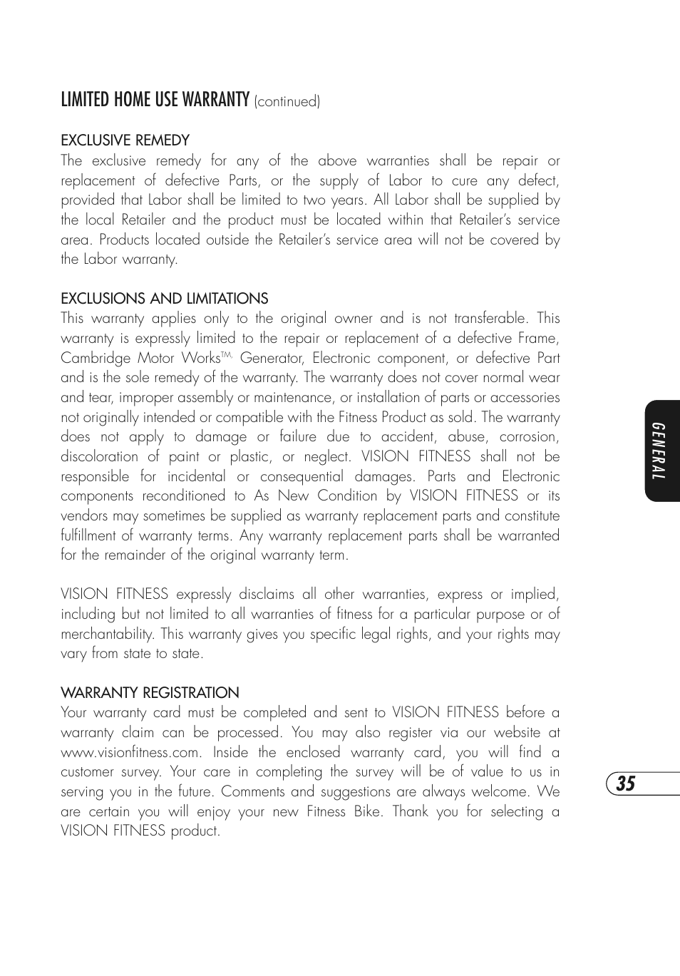 Limited home use warranty | Vision Fitness E3800HRT User Manual | Page 39 / 44