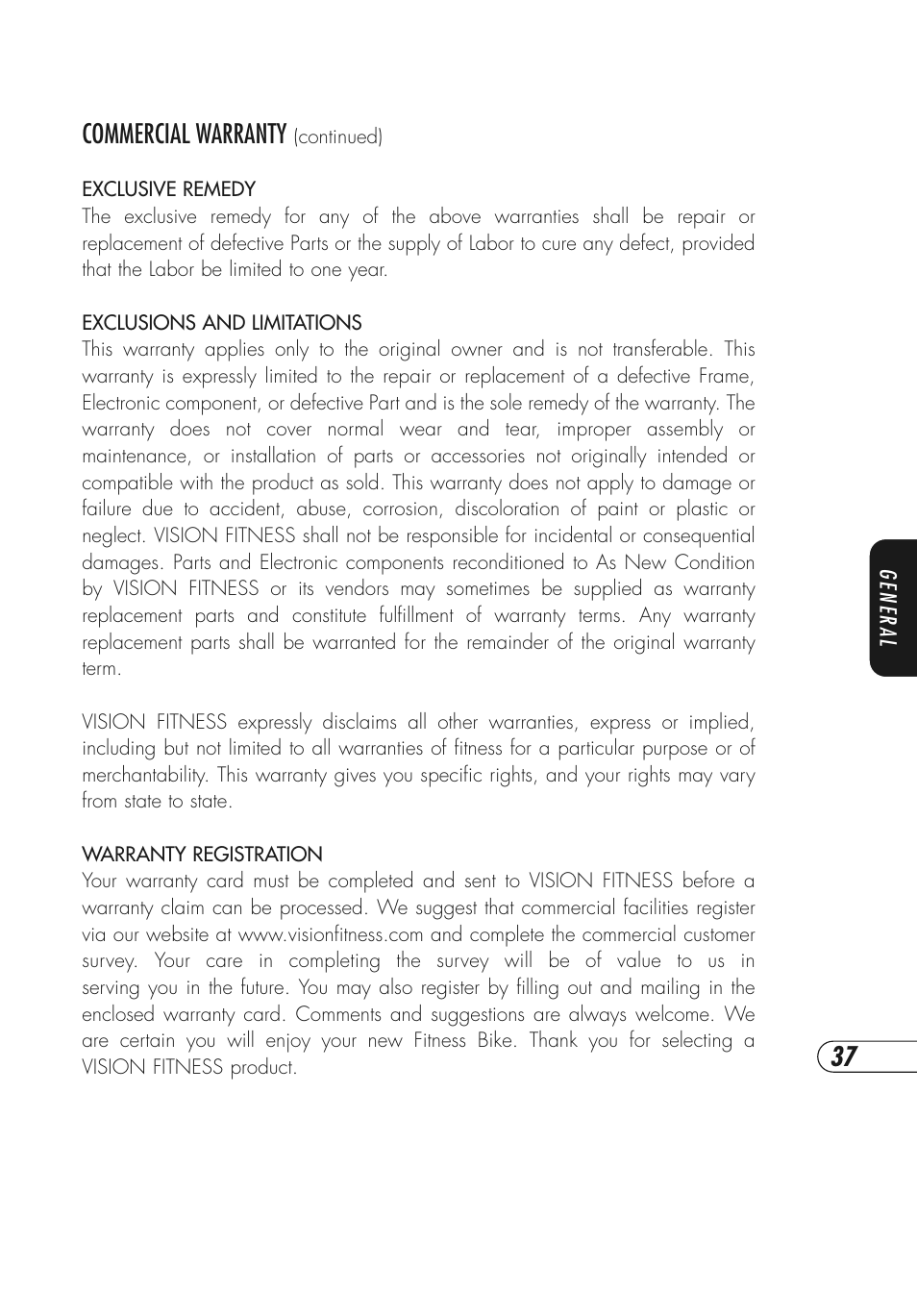 Commercial warranty | Vision Fitness E3800HRT User Manual | Page 41 / 44