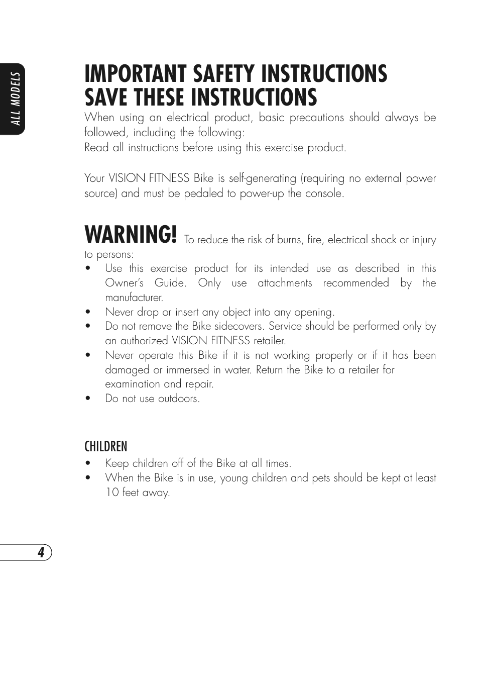 Warning | Vision Fitness E3800HRT User Manual | Page 8 / 44
