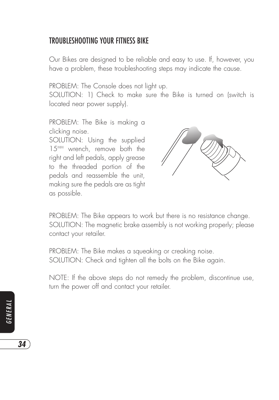 34 troubleshooting your fitness bike | Vision Fitness E4000 User Manual | Page 38 / 60