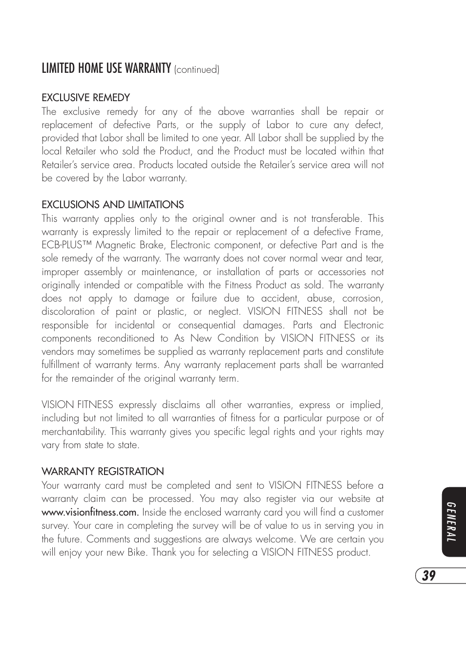 Limited home use warranty | Vision Fitness E4000 User Manual | Page 43 / 60