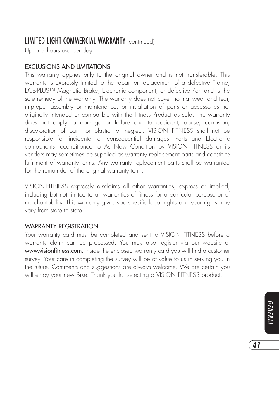 Limited light commercial warranty | Vision Fitness E4000 User Manual | Page 45 / 60