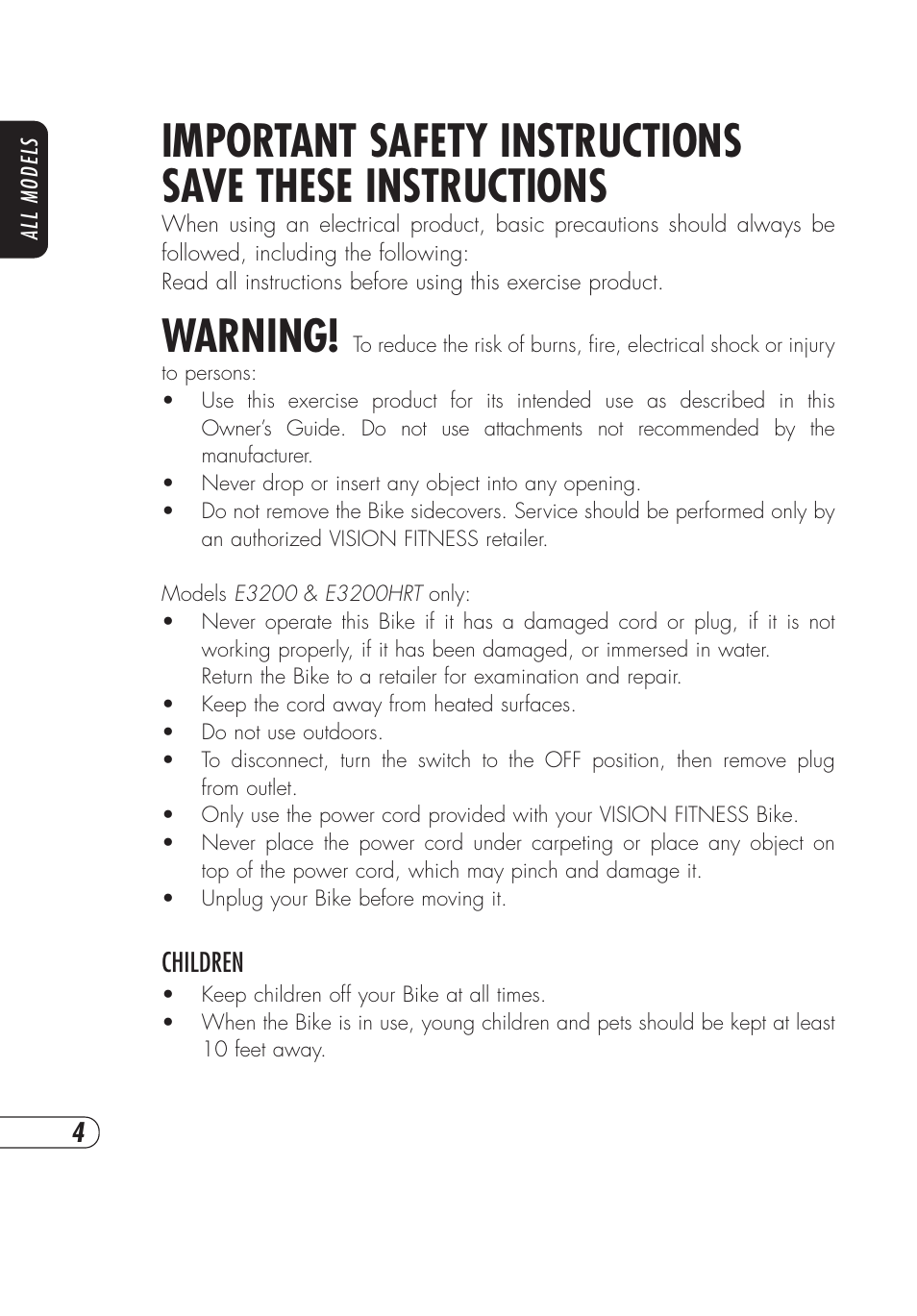 Warning | Vision Fitness E4000 User Manual | Page 8 / 60