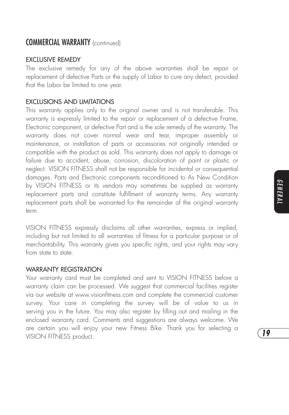Commercial warranty | Vision Fitness ES700 User Manual | Page 23 / 36