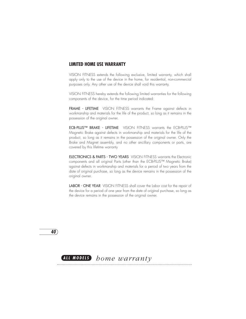 Home warranty | Vision Fitness X6000DA User Manual | Page 44 / 60