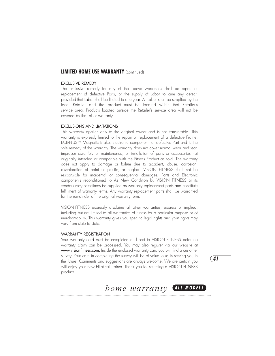 Home warranty | Vision Fitness X6000DA User Manual | Page 45 / 60