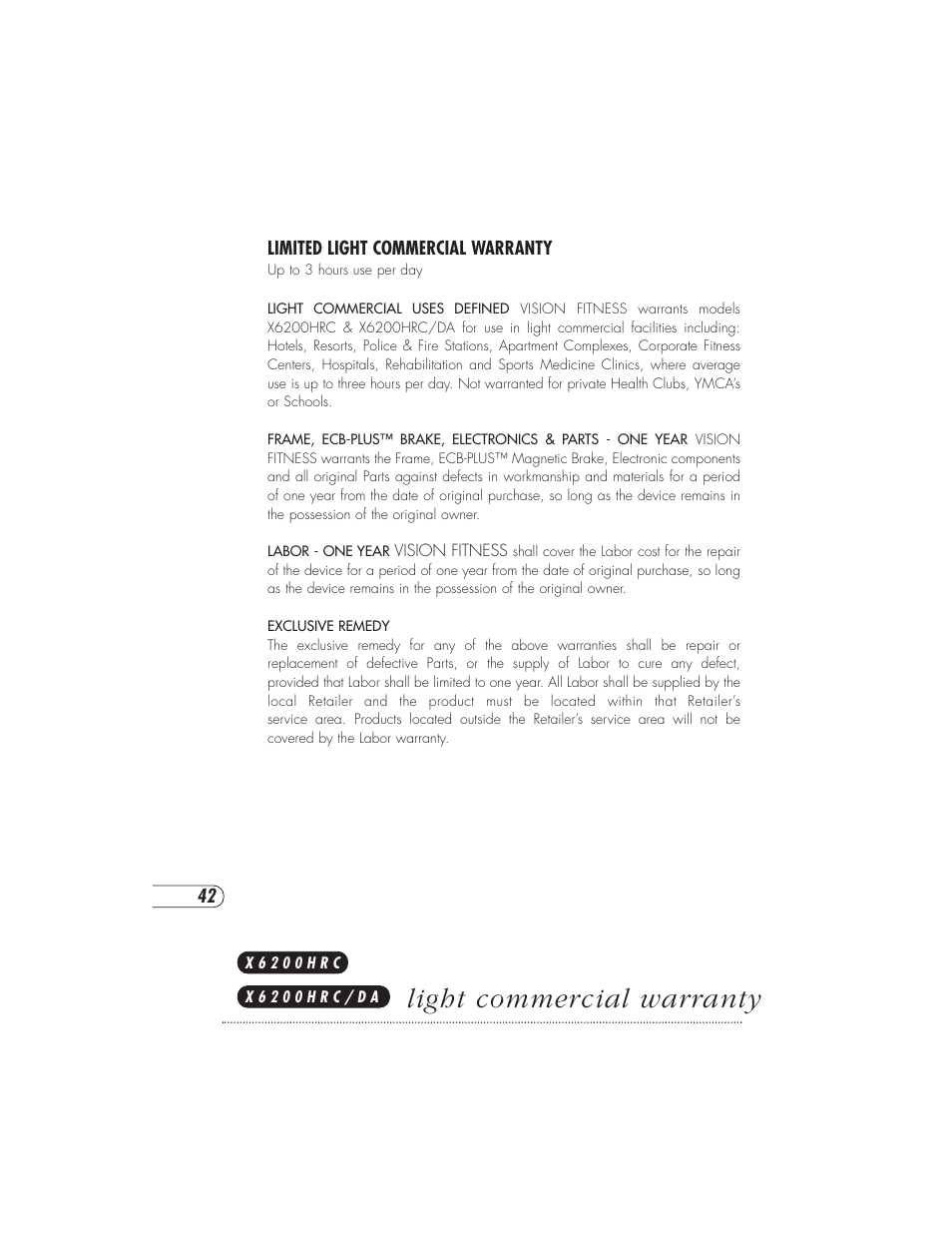 Light commercial warranty | Vision Fitness X6000DA User Manual | Page 46 / 60