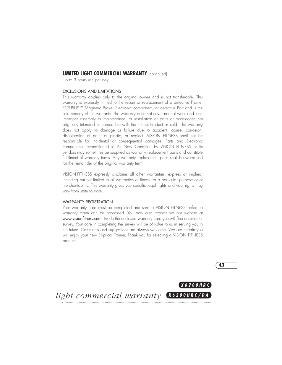 Light commercial warranty | Vision Fitness X6000DA User Manual | Page 47 / 60