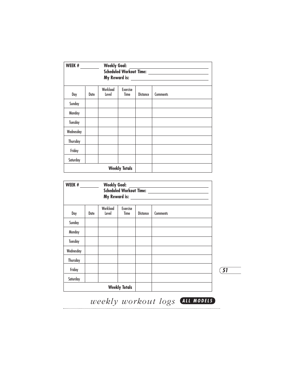 Weekly workout logs | Vision Fitness X6000DA User Manual | Page 55 / 60