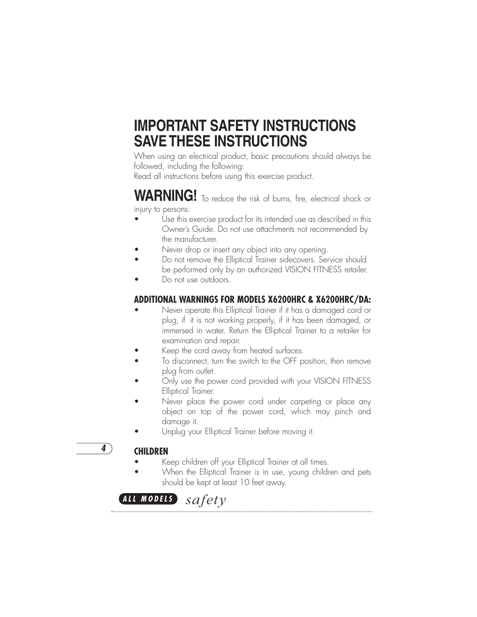 Warning, Safety | Vision Fitness X6000DA User Manual | Page 8 / 60