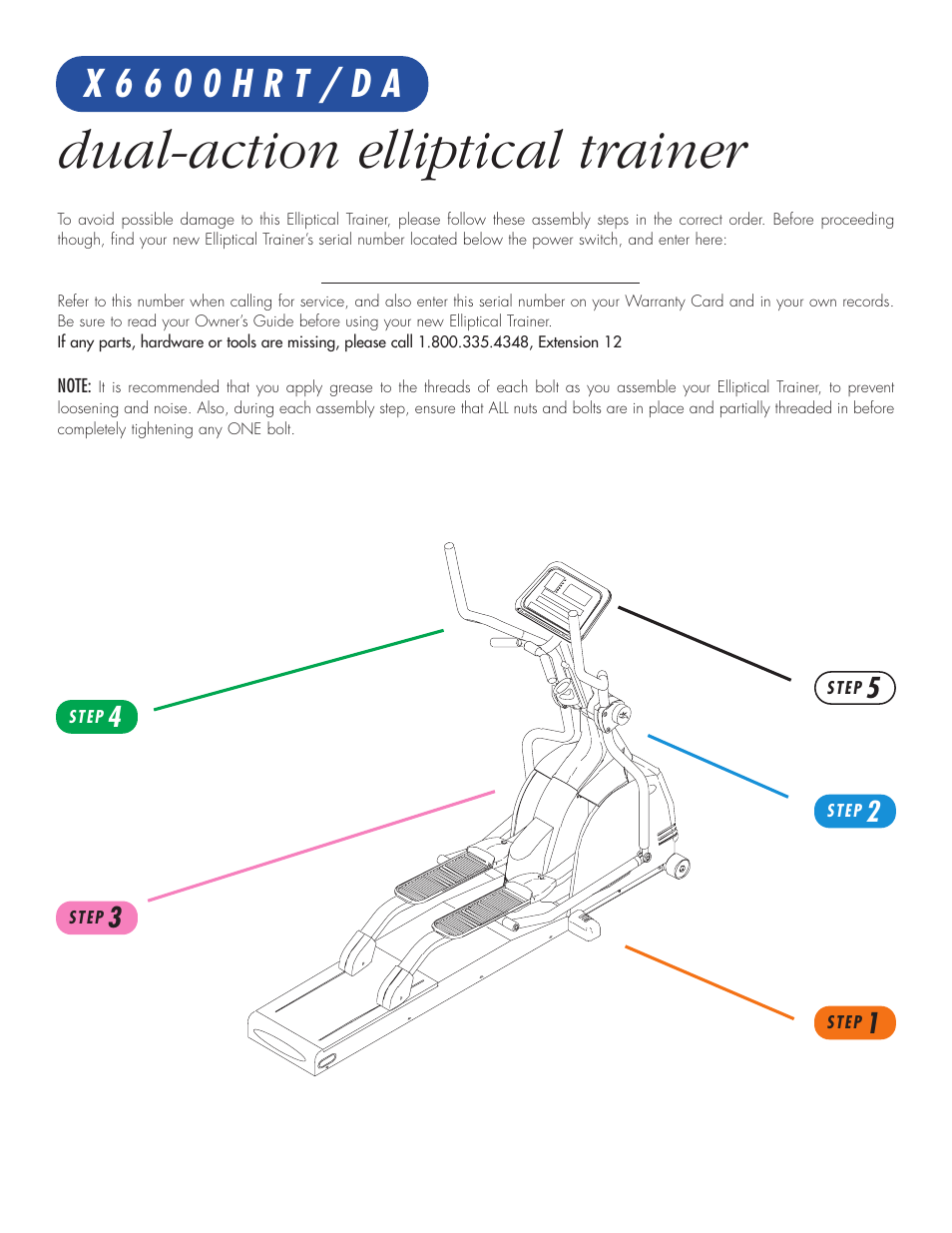 Dual-action elliptical trainer, X 6 6 0 0 h r t / d a | Vision Fitness X6600HRT/DA User Manual | Page 2 / 8