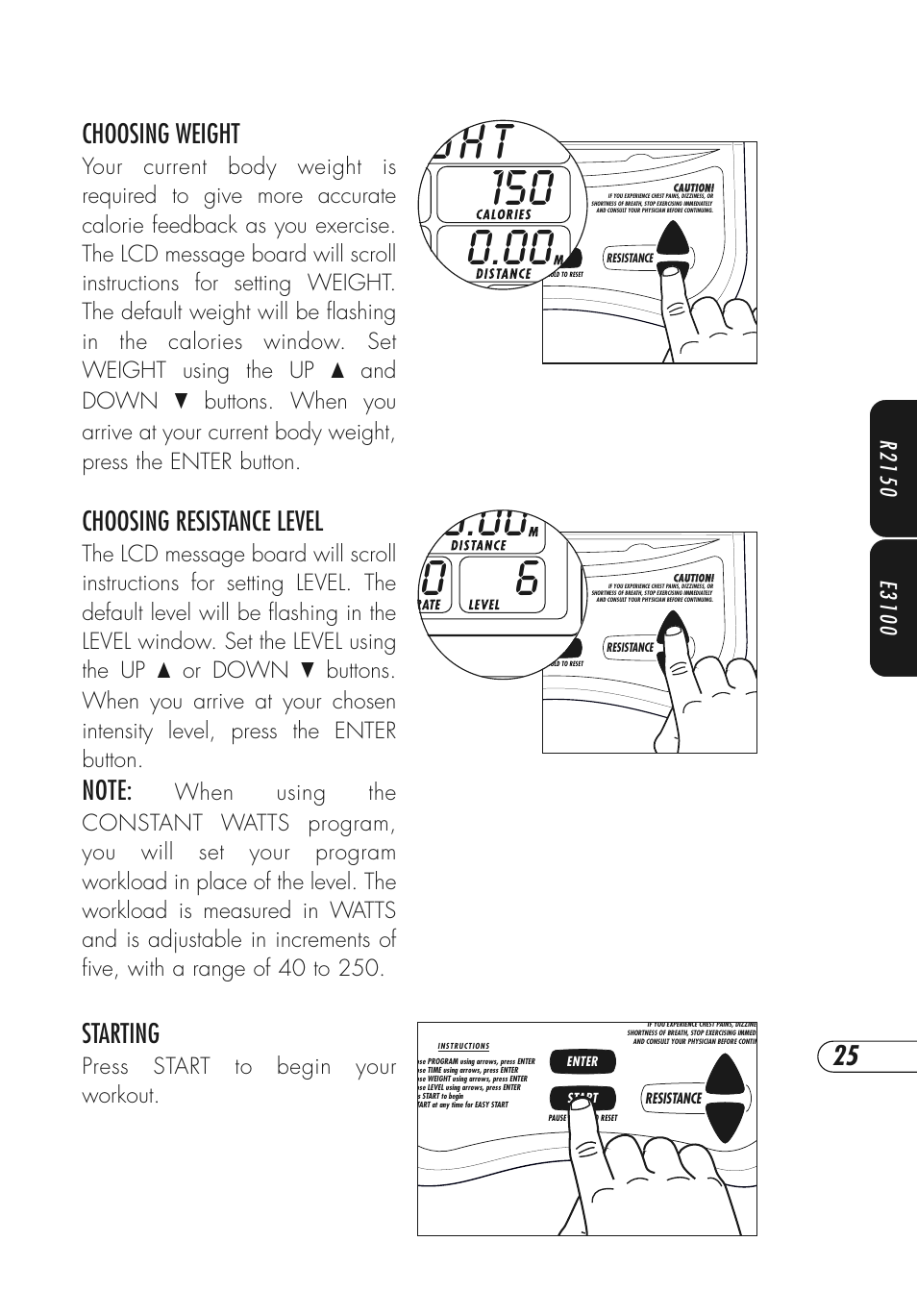 Choosing weight, Choosing resistance level, Starting | Vision Fitness Fitness Bike User Manual | Page 29 / 48