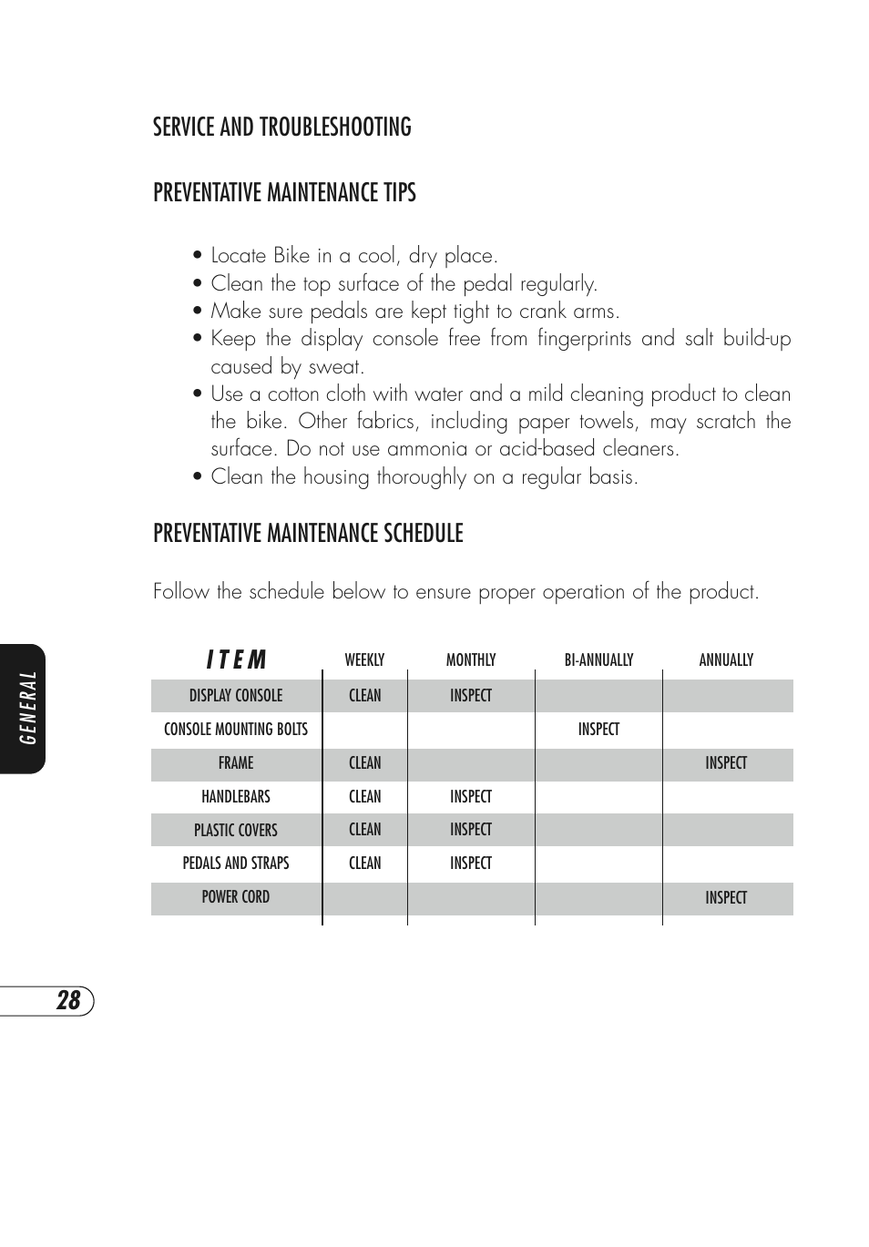 Preventative maintenance schedule, I t e m | Vision Fitness Fitness Bike User Manual | Page 32 / 48